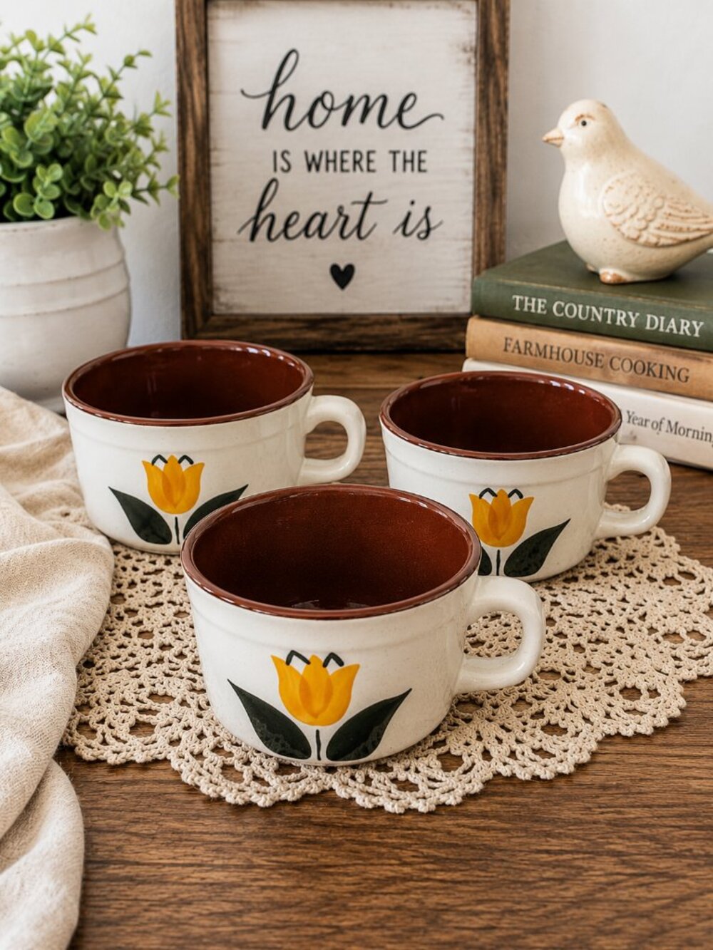 Set of 3 Vintage Stangl Pottery Country Garden Tulip Stoneware Coffee Cups Mugs
